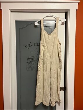 Beige Wide-Leg Cotton Blend Jumpsuit